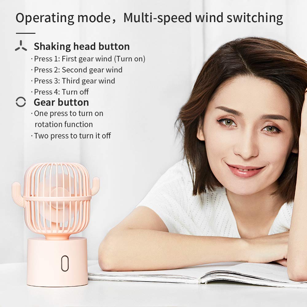 Beishida Small Desktop Usb Table Desk Fan Personal Fan, Cactus Mini Handheld 80 Degree Auto Rotation Portable Fans, 3 Speeds Str
